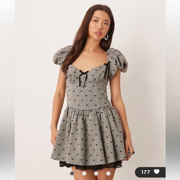 For Love And Lemons Dresses & Skirts - For Love And Lemons Dress Twill Bow Print Drop Waisted Mini in Grey